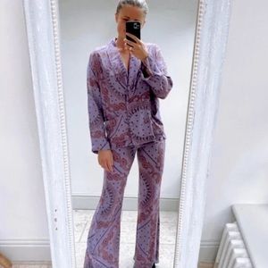 Zara Purple Paisley Print Flare Pants Suit Matching Set - XS